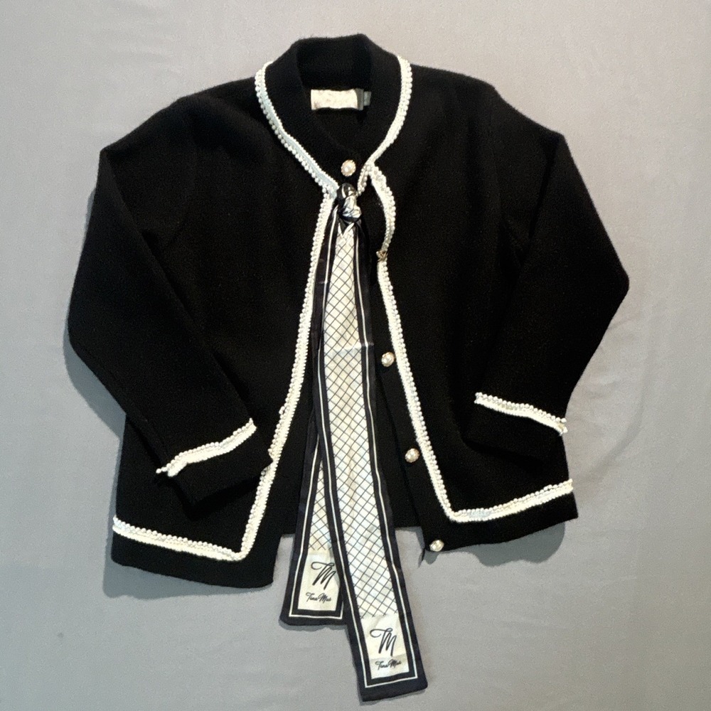 Tina Mar Black Cotton Cardigan Sweater Pearl Trim Detachable Scarf Girls 10Y